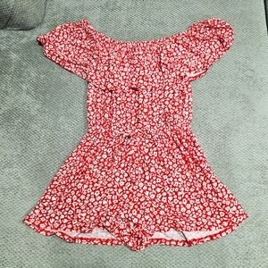 3/$15! Red And White Ditsy Print Off Shoulder Romper, Small
